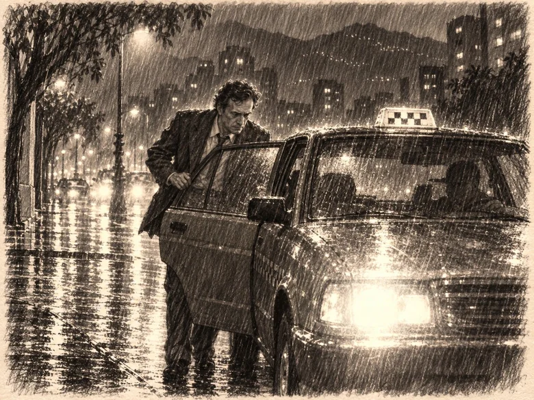 El protagonista abre la puerta de un taxi bajo la lluvia.