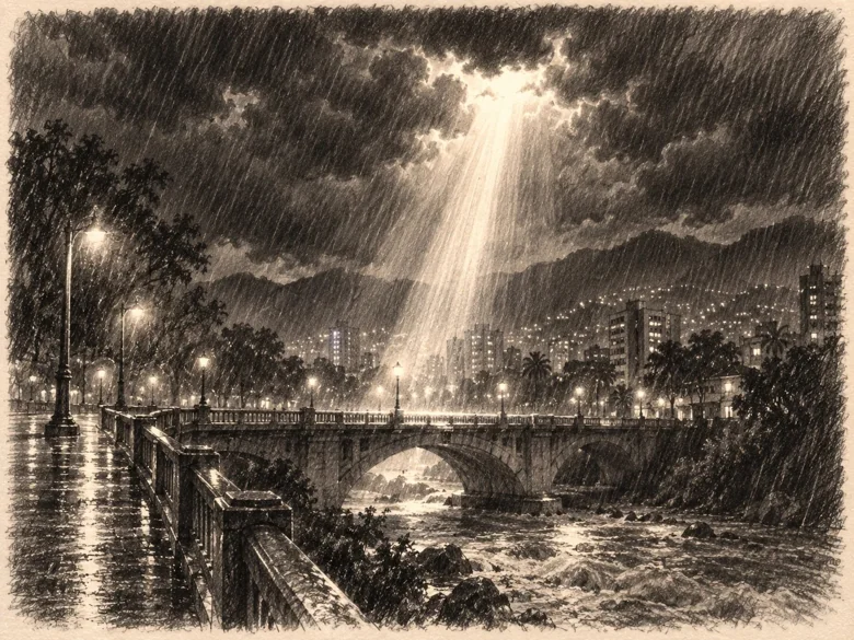 Un haz de luz atraviesa las nubes e ilumina el puente y el río en medio de la tormenta.