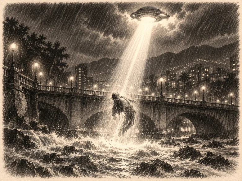 El protagonista es rescatado del río por un haz de luz. No hay cuerdas ni arneses.