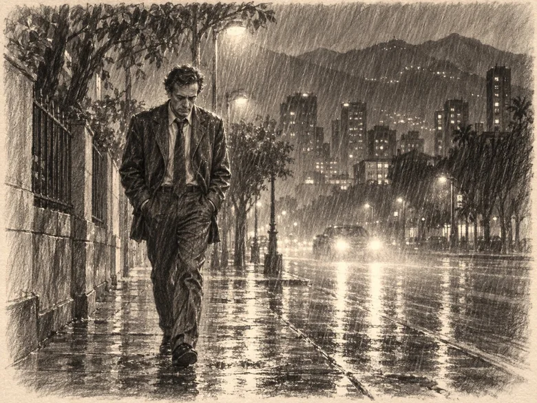 El protagonista camina solo bajo la lluvia en Caracas. Ilustración a lápiz.